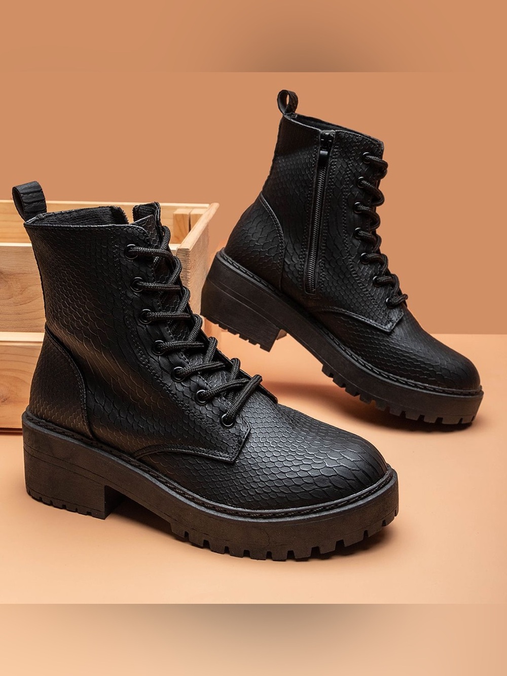 Black Textured Combat Boots – Women's Lace-Up Ankle Boots